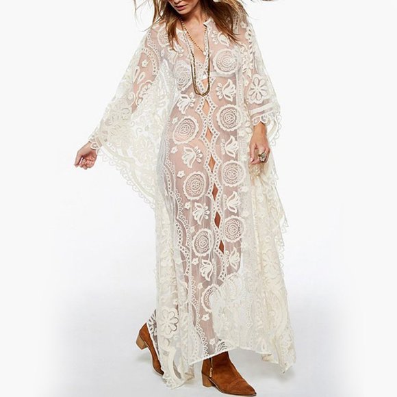 Boho Lace Cover Up Caftan Maxi OSFM - Picture 3 of 14